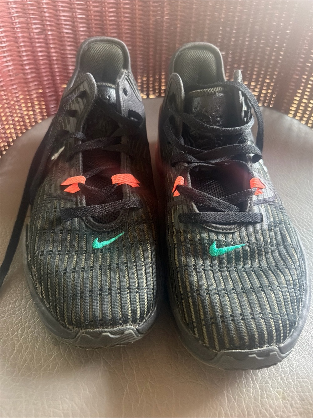 Nike LeBron witness 6 basketball shoes  Teal Swoosh and Orange Lace Accents